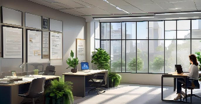 A career coach and client engaged in a discussion in a bright office with motivational posters and a plant.