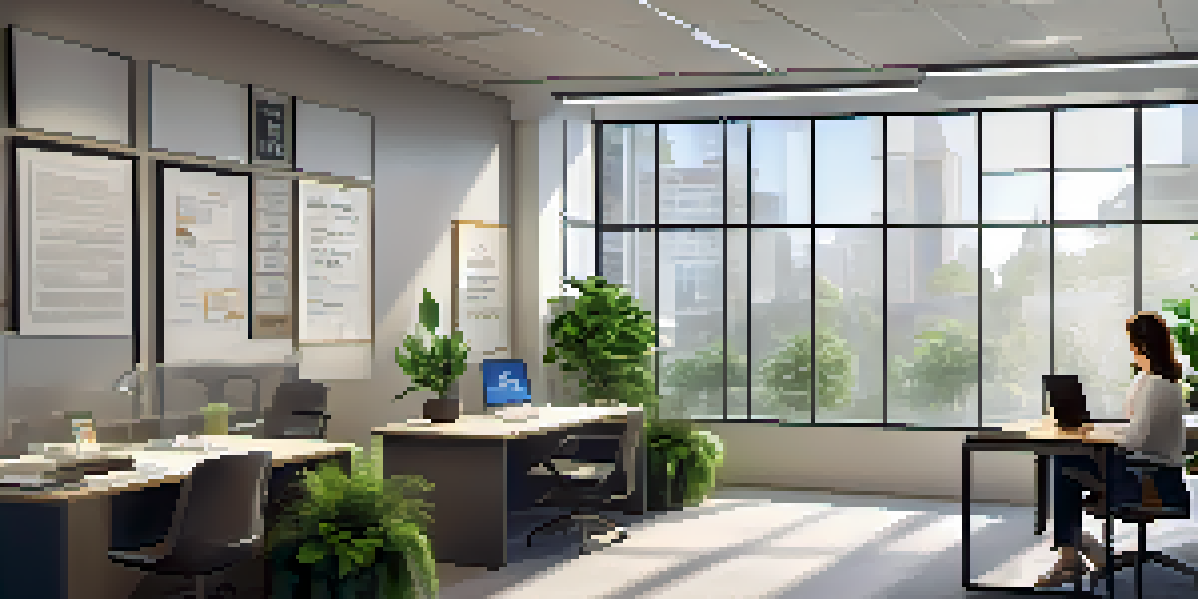 A career coach and client engaged in a discussion in a bright office with motivational posters and a plant.