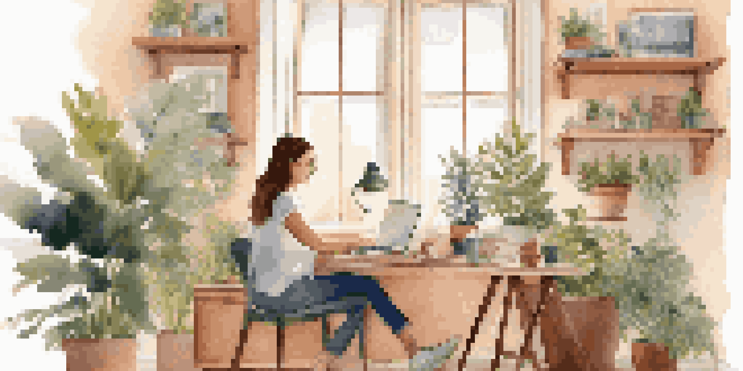 A woman happily working from home in a well-decorated office space, balancing her work and a cup of coffee.
