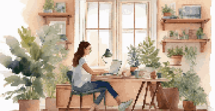 A woman happily working from home in a well-decorated office space, balancing her work and a cup of coffee.