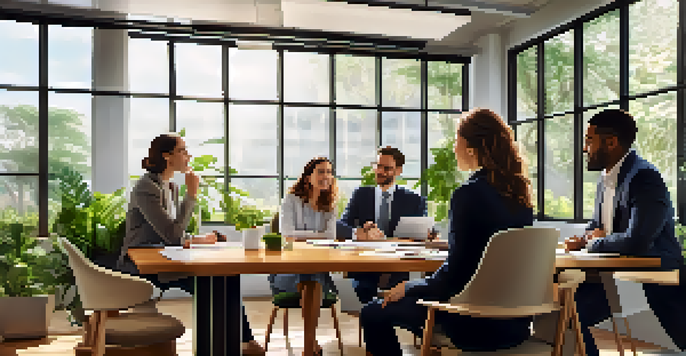 A diverse group of professionals engaged in a collaborative discussion in a bright office, showcasing emotions of enthusiasm and support.