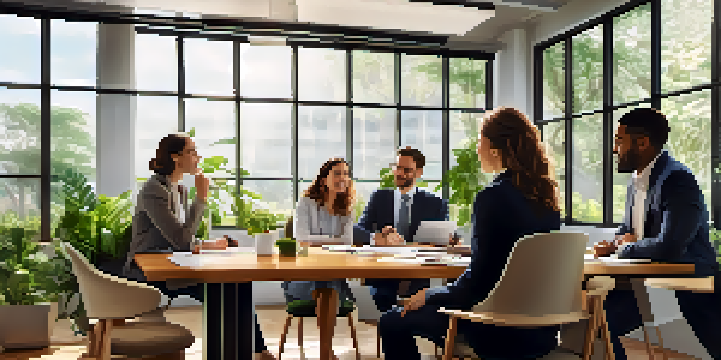 A diverse group of professionals engaged in a collaborative discussion in a bright office, showcasing emotions of enthusiasm and support.