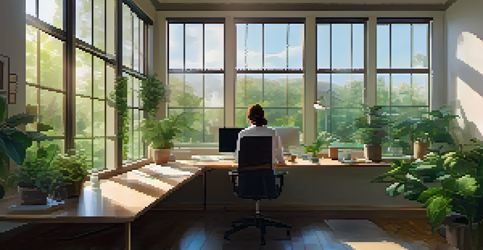 A peaceful office environment with a person working at a desk surrounded by greenery and natural light.