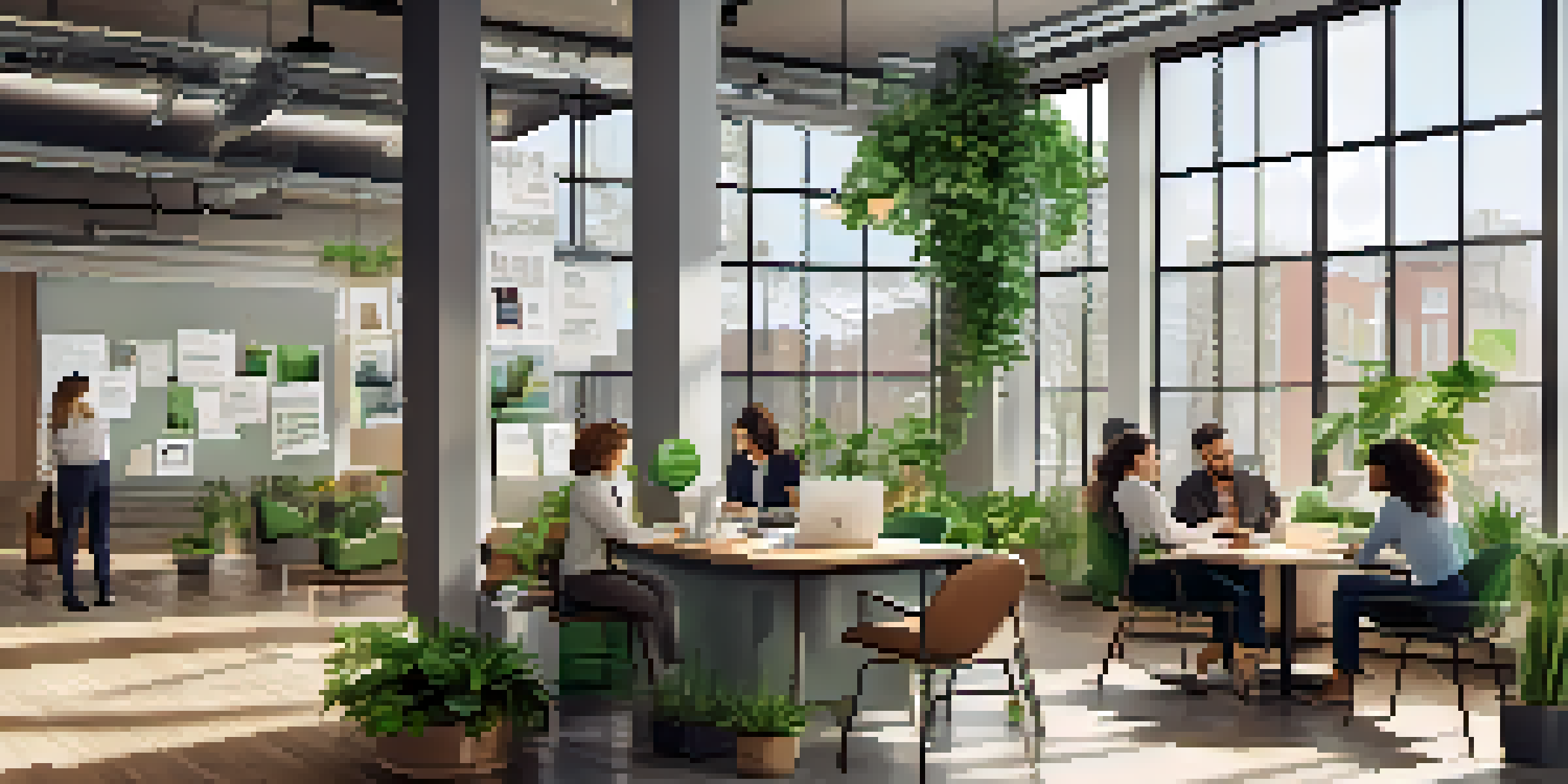 A bright office with modern furniture where diverse employees gather around a round table for discussion, surrounded by plants and motivational posters.
