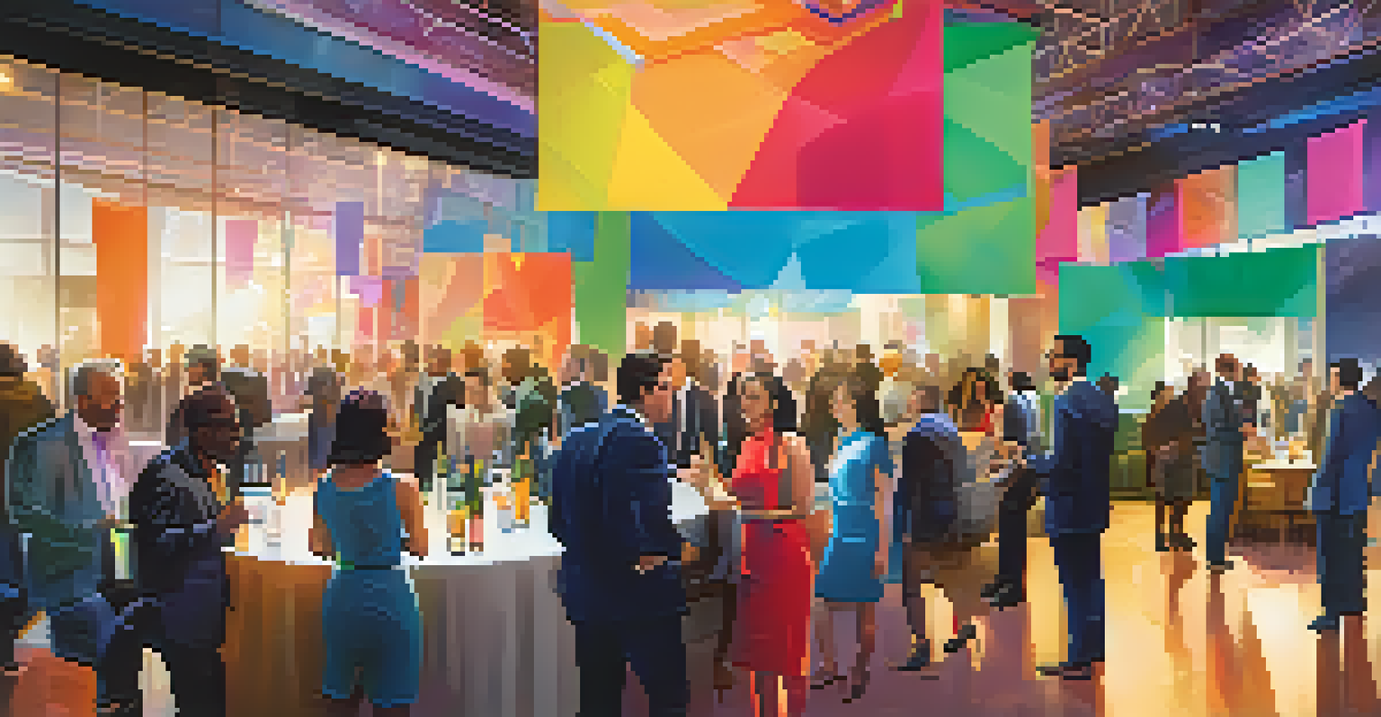 A lively networking event with diverse people engaged in conversations, set in a modern venue with colorful banners.