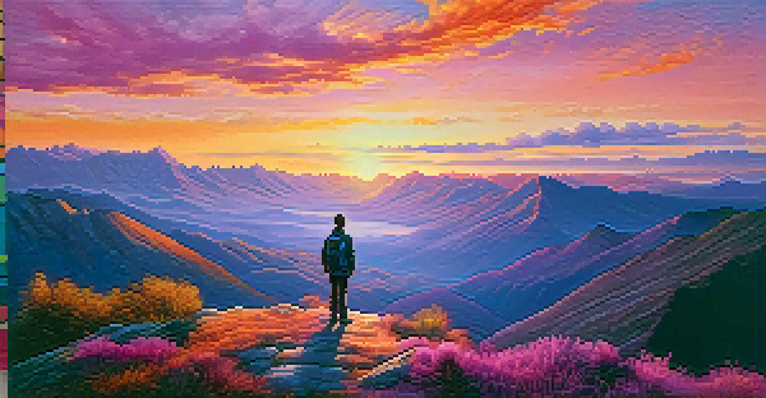 A person on a mountain peak at sunset, gazing at a colorful landscape, symbolizing personal growth.