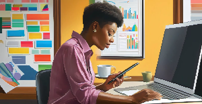 A person engaged in a career assessment on a tablet, with colorful charts around them.