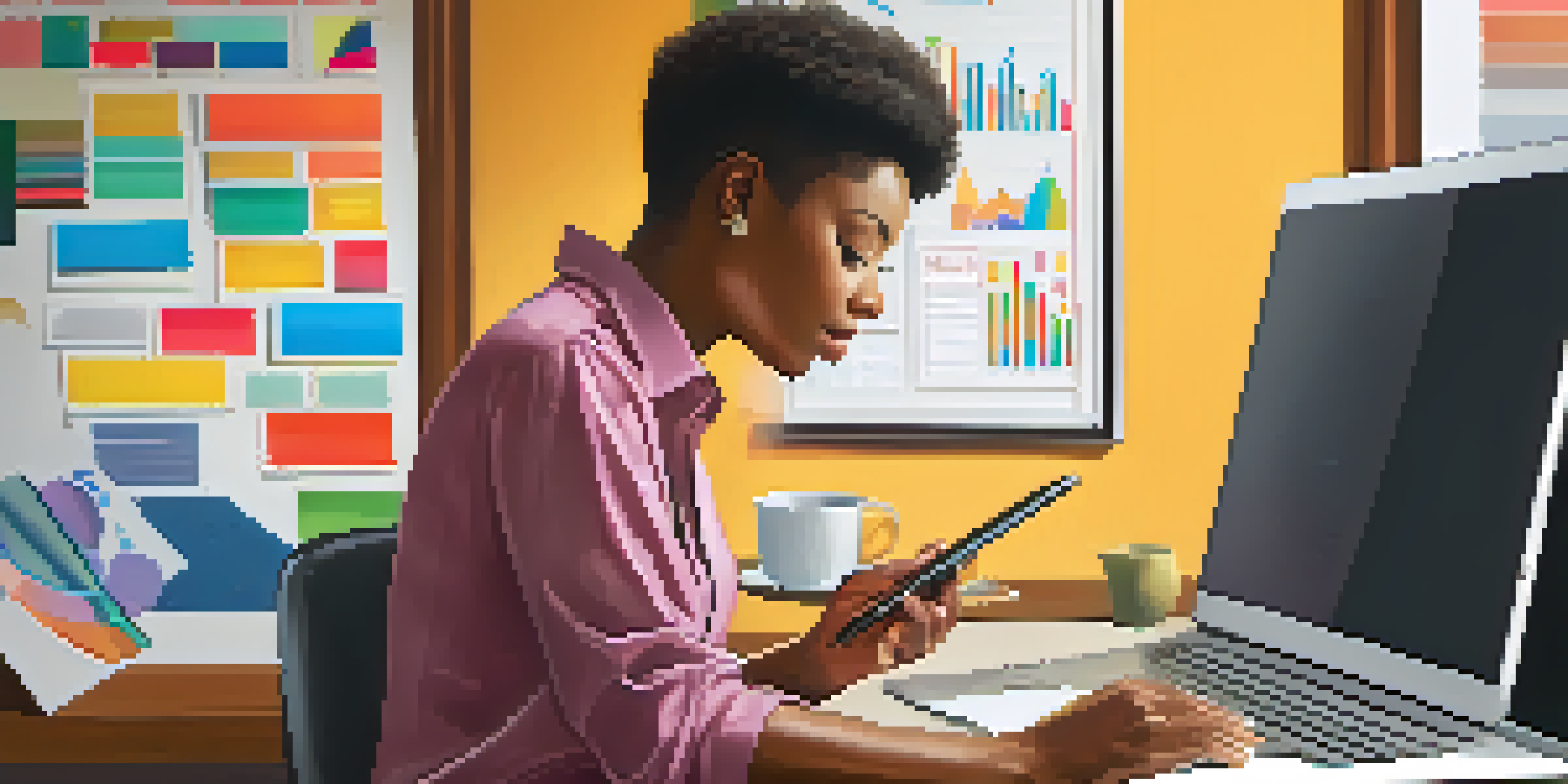 A person engaged in a career assessment on a tablet, with colorful charts around them.