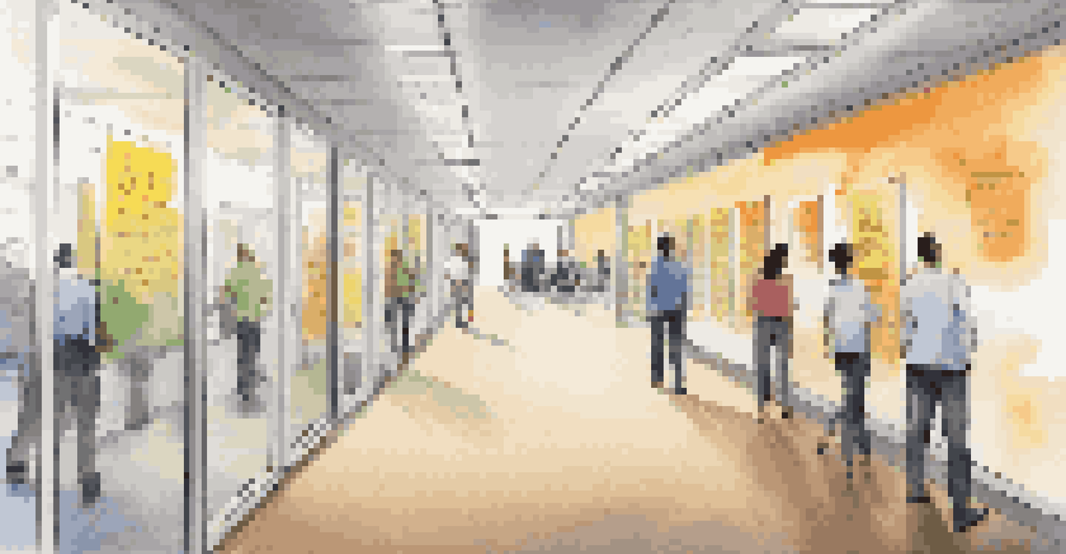 Well-lit office corridor decorated with motivational posters and glass-walled meeting rooms where teams are discussing.