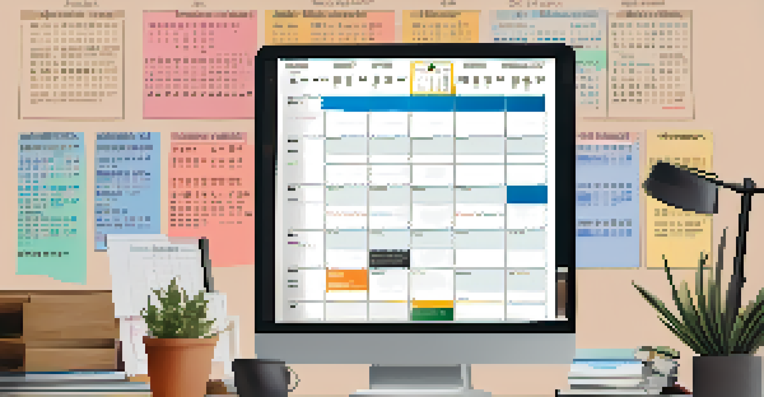 A close-up view of a shared team calendar on a computer screen with color-coded events, surrounded by a notebook and a mug of tea.