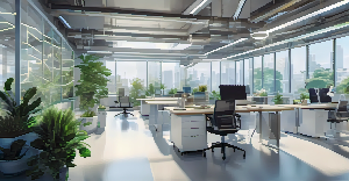A modern office with robots and advanced technology assisting with tasks, bright natural light, and contemporary decor.