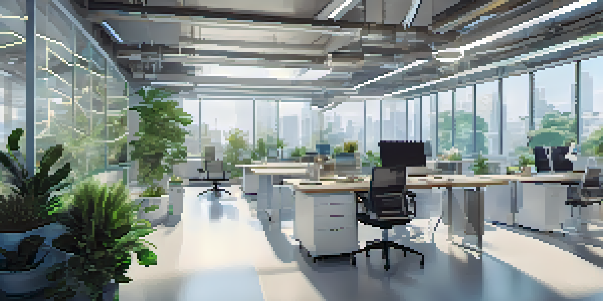 A modern office with robots and advanced technology assisting with tasks, bright natural light, and contemporary decor.