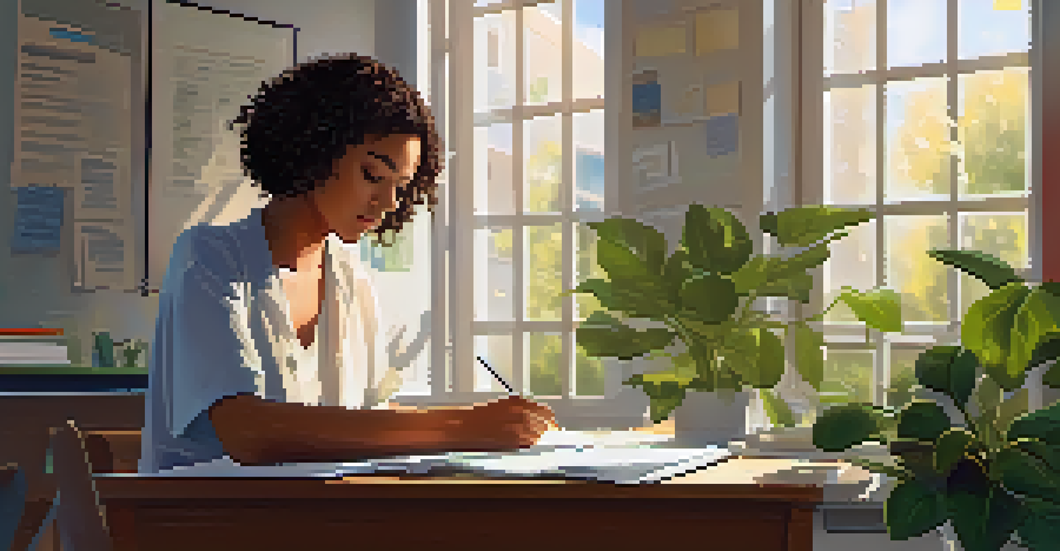 A student sitting at a desk, thoughtfully reflecting on career assessment results with papers and a laptop in a bright room.