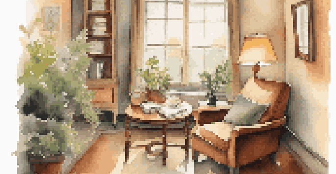 A cozy counseling office with a comfortable armchair, natural light, and a small table with herbal tea and a notepad.