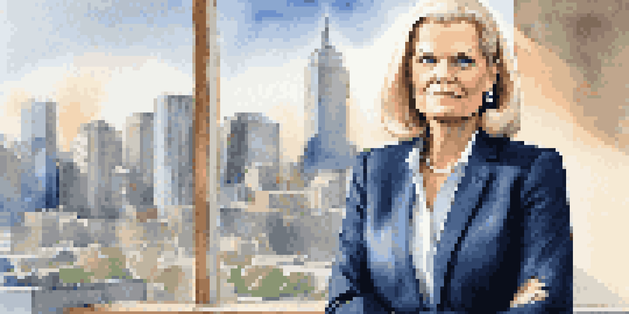 A confident female leader, Ginni Rometty, stands in a modern office with a city skyline view, wearing a stylish suit and displaying a determined expression.