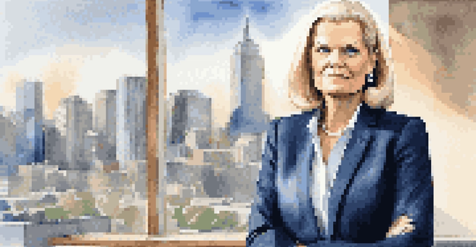 A confident female leader, Ginni Rometty, stands in a modern office with a city skyline view, wearing a stylish suit and displaying a determined expression.