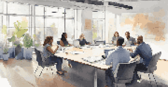 A diverse group of professionals in a bright conference room engaged in a feedback session, surrounded by laptops and notes.