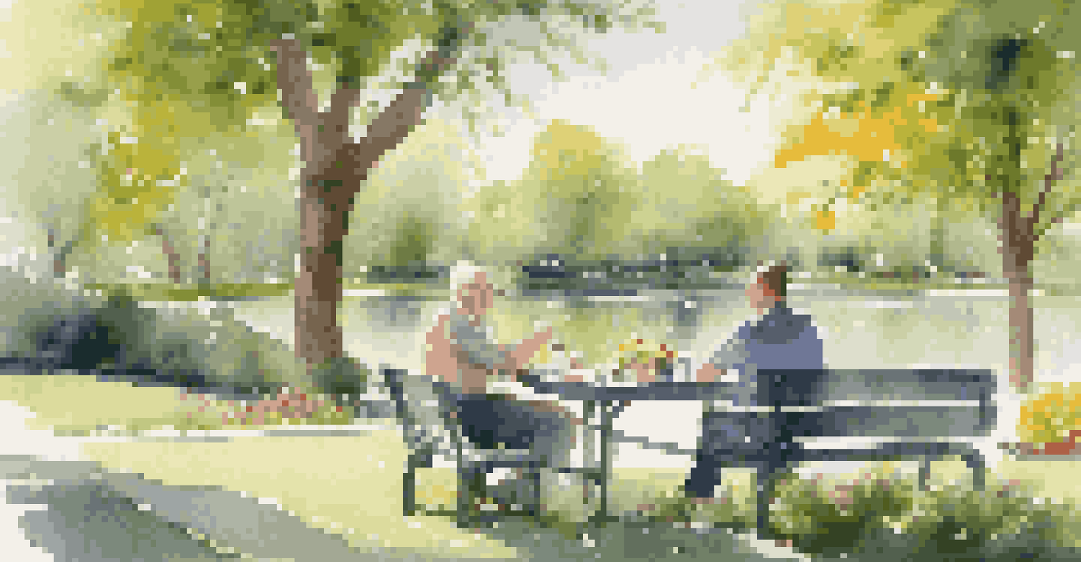 Two colleagues sitting on a park bench enjoying lunch and conversation in a vibrant outdoor setting.