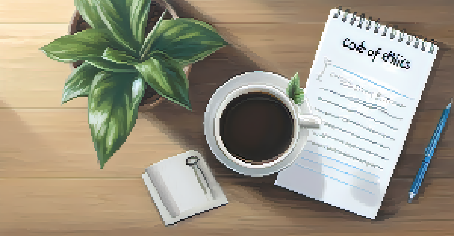 A close-up of a hand writing 'Code of Ethics' on a notepad, with a coffee cup and plant in the background.