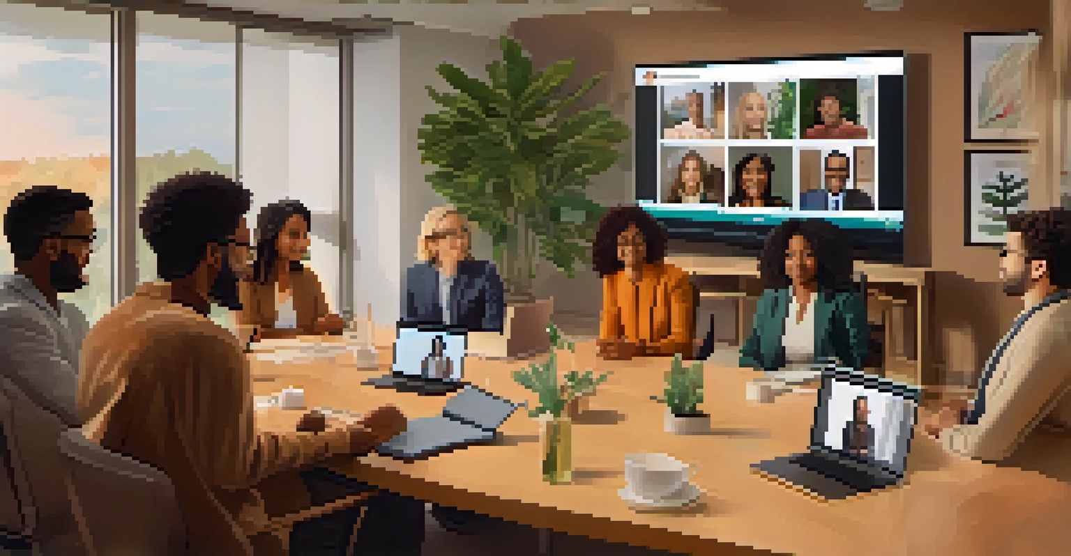 A video conference showing diverse professionals in their home environments, engaging in discussion.