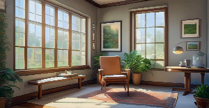 A peaceful office corner with sunlight, a chair, a cup of tea, and a meditation cushion, promoting mindfulness.