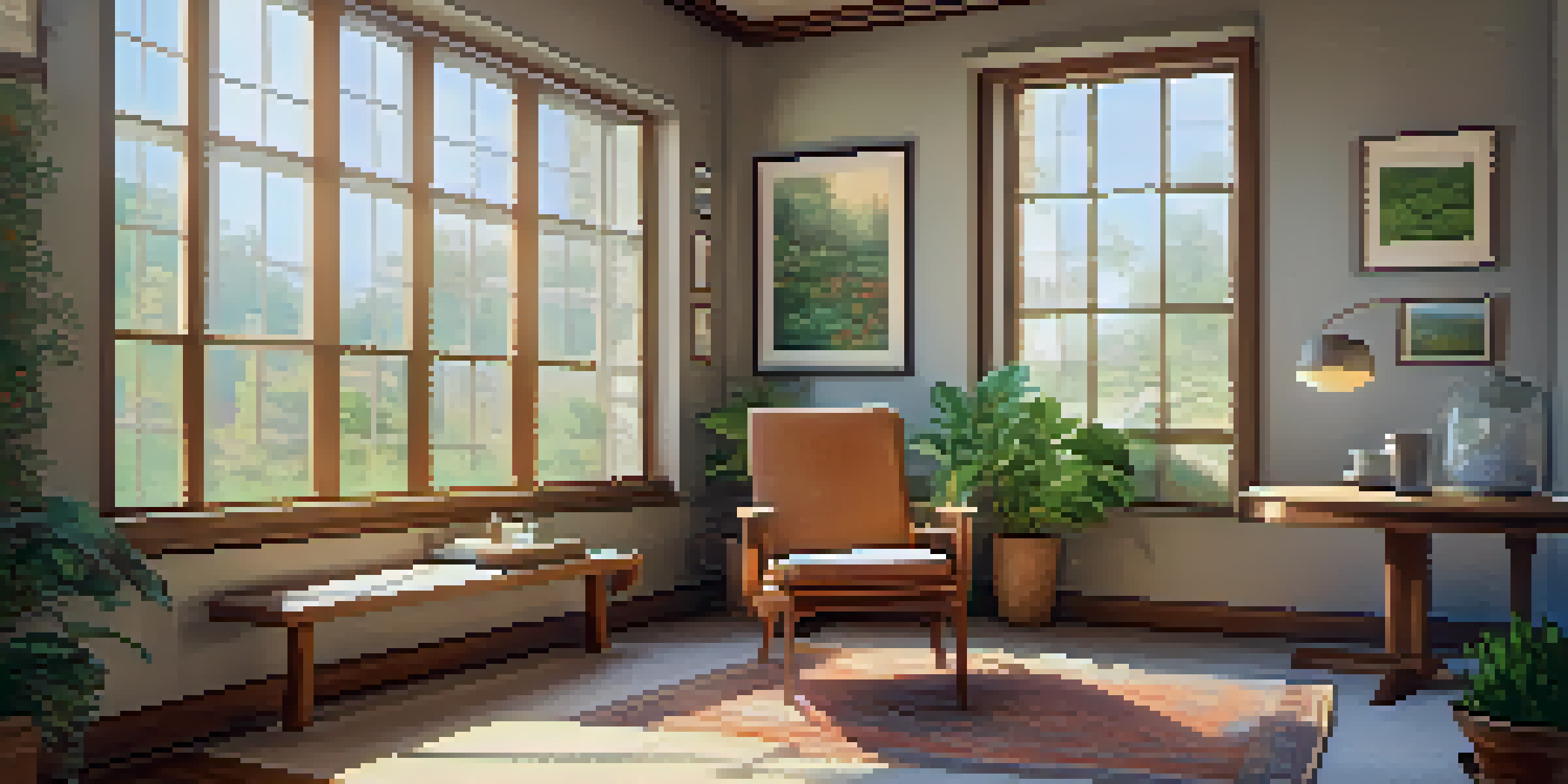 A peaceful office corner with sunlight, a chair, a cup of tea, and a meditation cushion, promoting mindfulness.