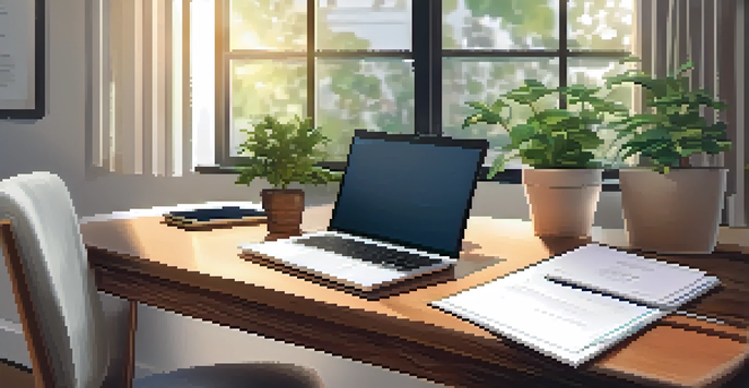 A well-organized workspace featuring a laptop, notepad, and coffee cup, with soft lighting and a potted plant in the background.