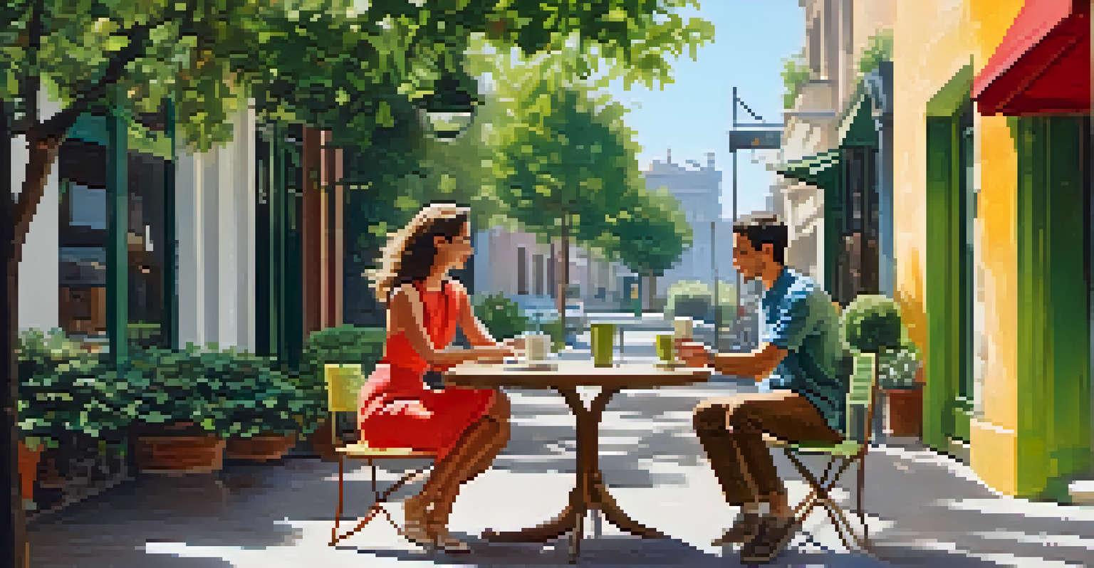 Two friends chatting over coffee at an outdoor café, surrounded by greenery and sunlight.