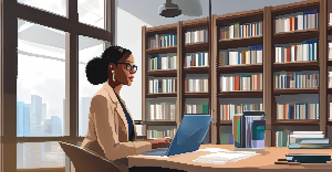 A career coach in an office setting conducting a video call with a client, surrounded by books and natural light.