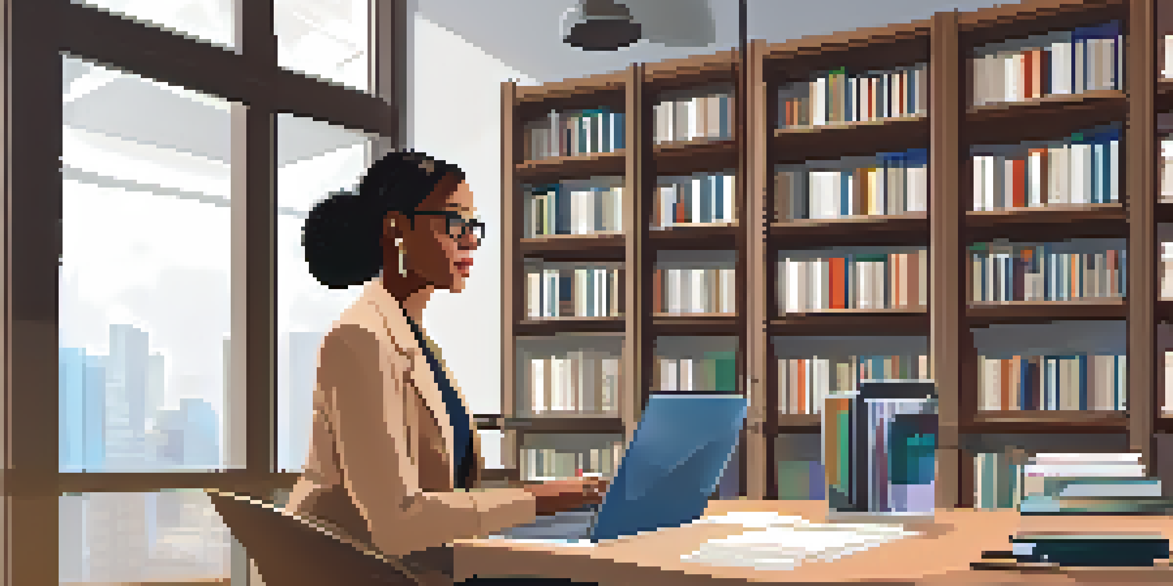 A career coach in an office setting conducting a video call with a client, surrounded by books and natural light.
