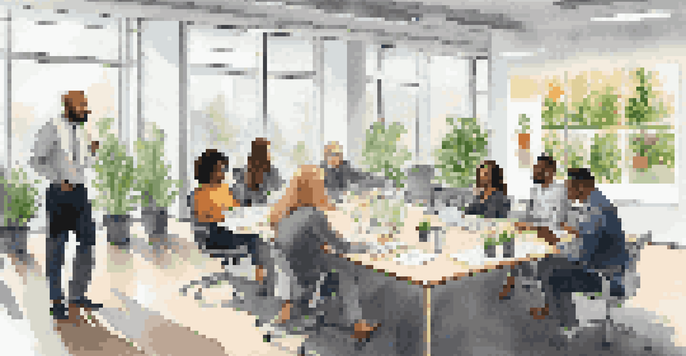 A diverse group of employees having a constructive discussion in a bright office conference room.