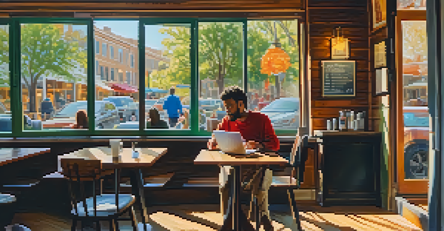 A person working on a laptop in a lively coffee shop with sunlight streaming in.