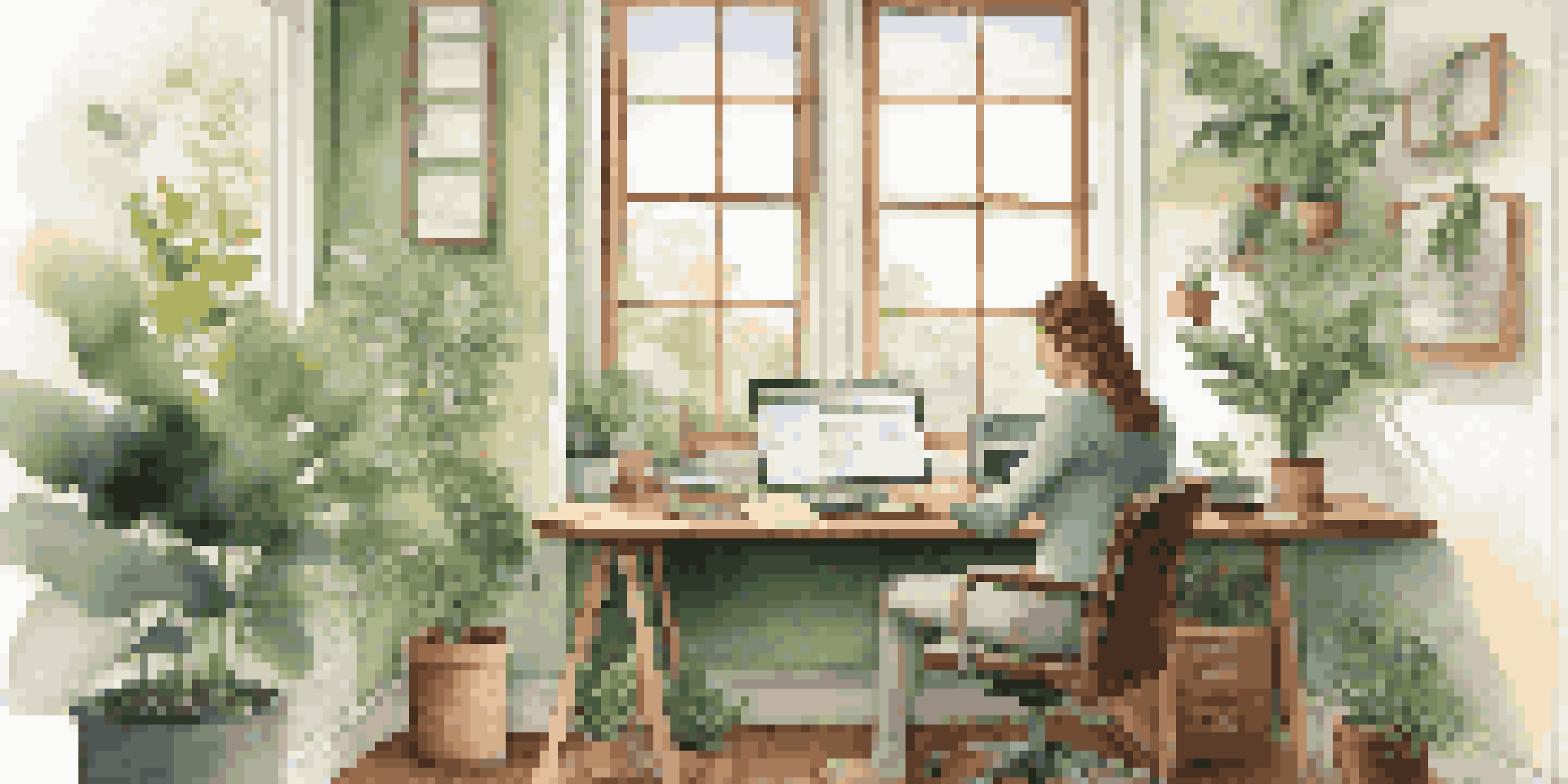A person working at a desk in a well-lit office, using a laptop for self-assessment, surrounded by plants and motivational quotes.