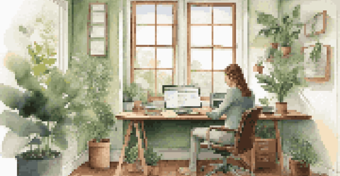 A person working at a desk in a well-lit office, using a laptop for self-assessment, surrounded by plants and motivational quotes.