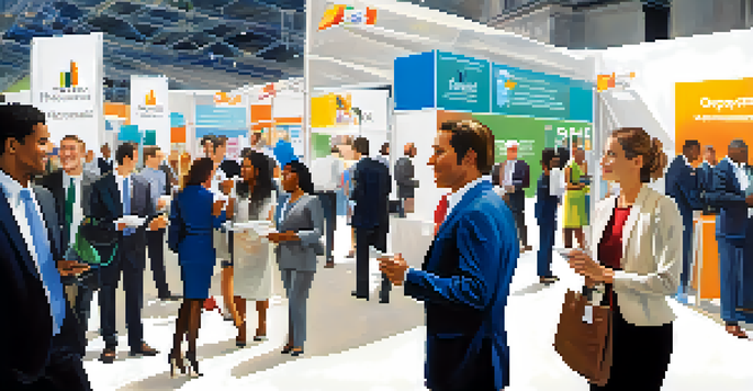 A vibrant job fair with diverse people in business attire talking and networking at company booths.