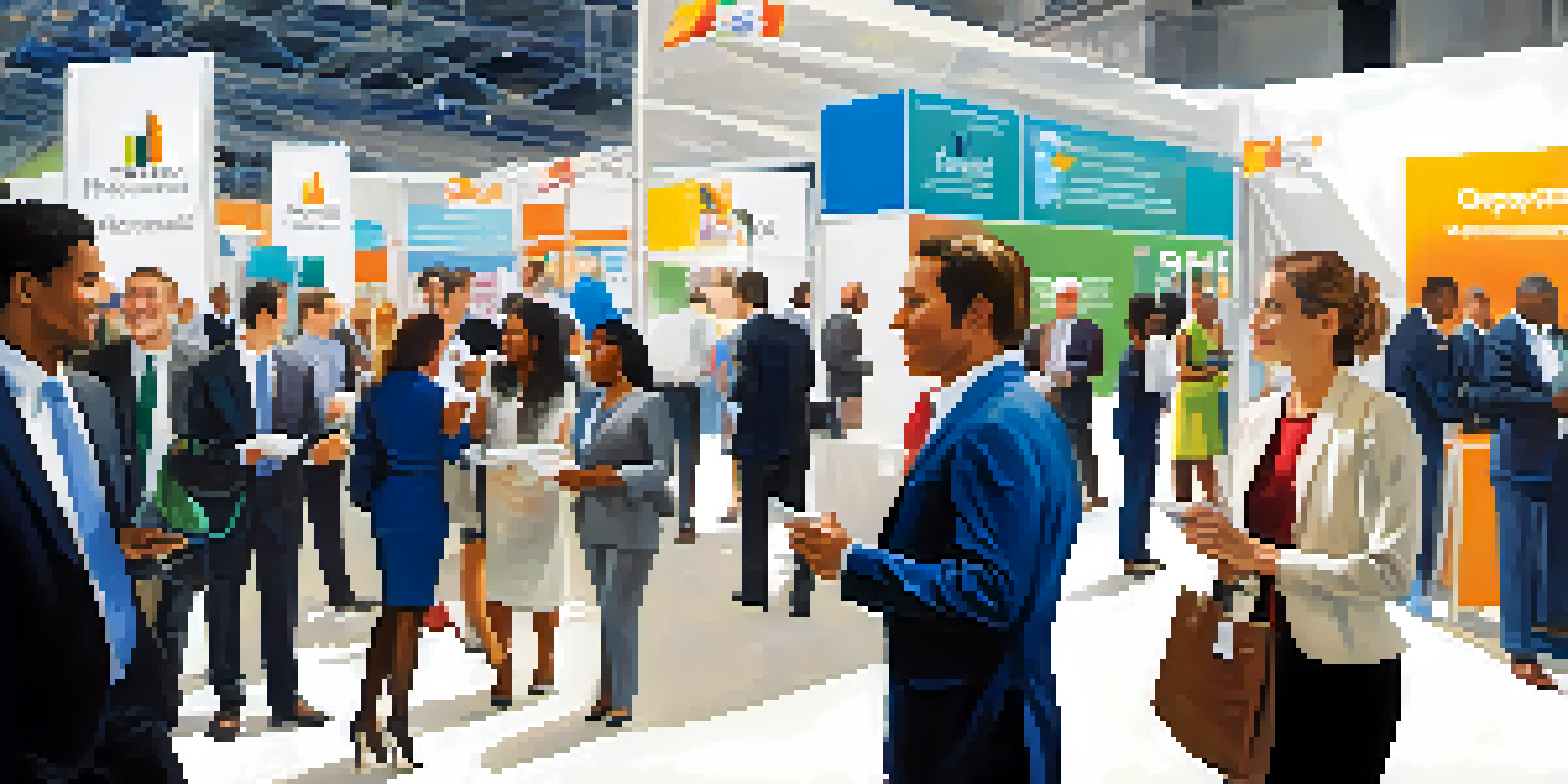 A vibrant job fair with diverse people in business attire talking and networking at company booths.