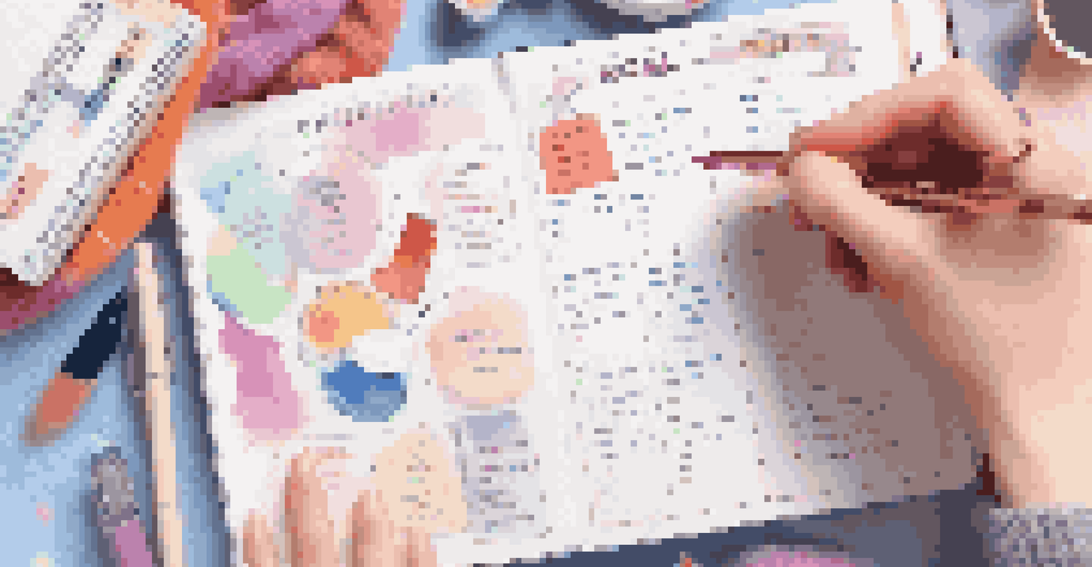 A close-up image of a person writing in a colorful planner, surrounded by pens and a cozy blanket.