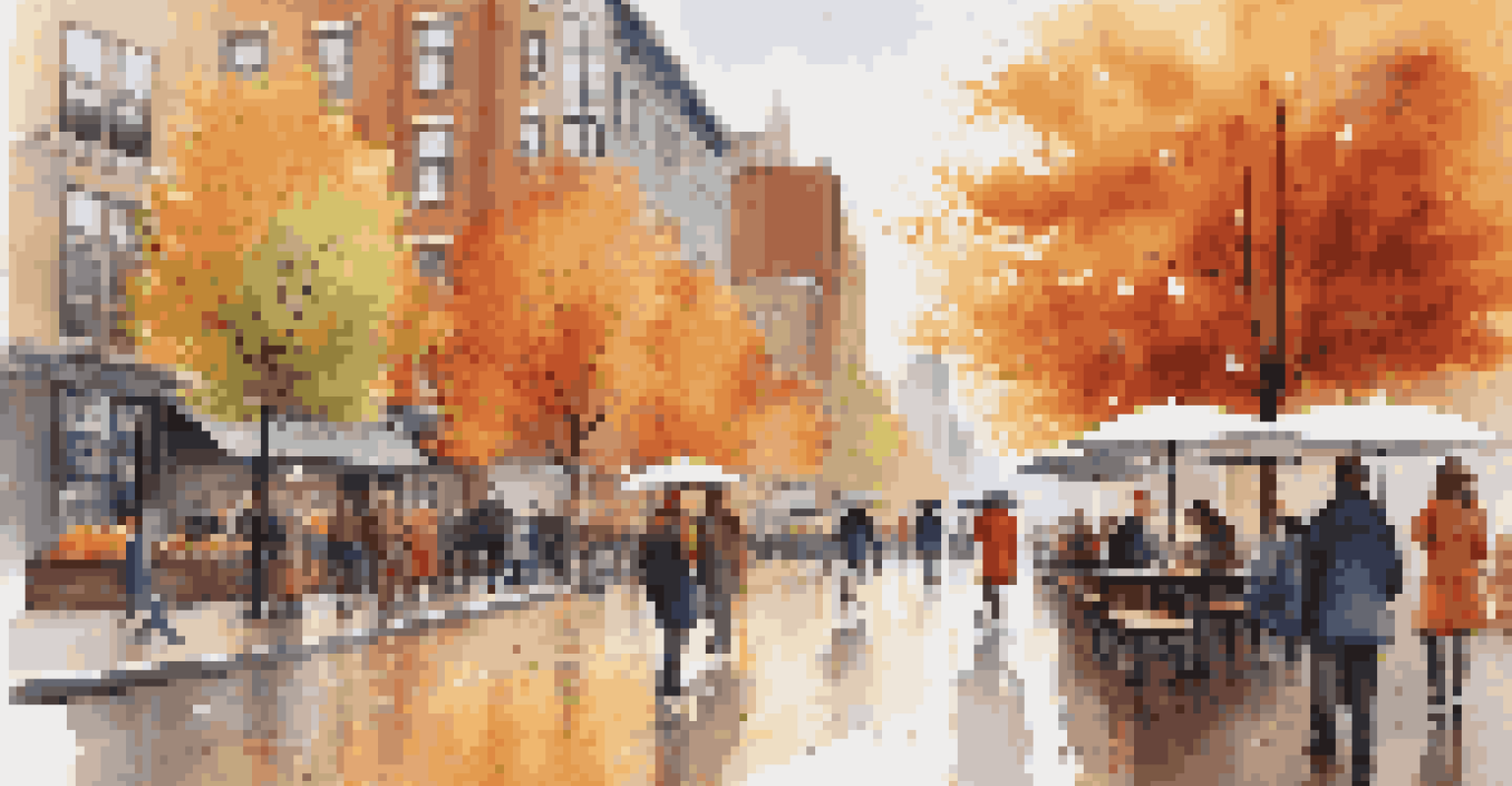 A lively city street in autumn with colorful trees and people walking under umbrellas.