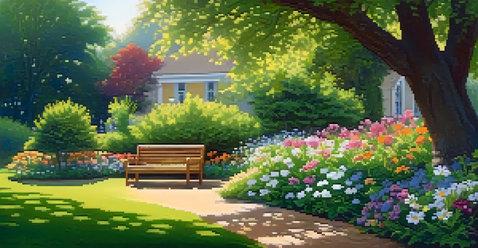A vibrant garden with blooming flowers and a wooden bench under a tree, illuminated by soft sunlight.