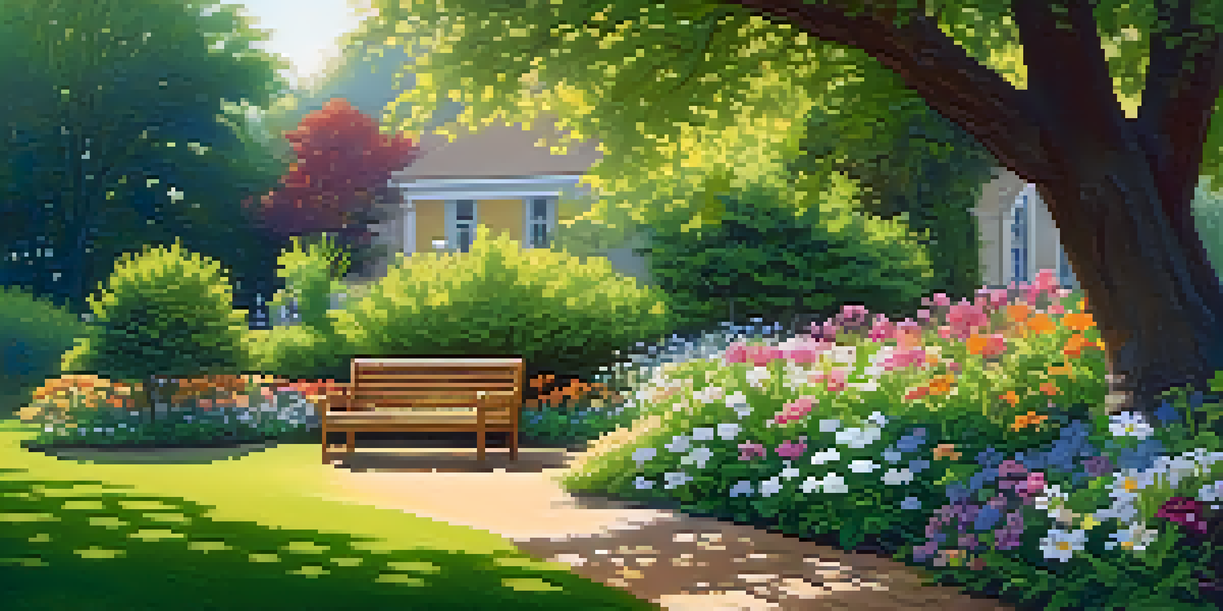 A vibrant garden with blooming flowers and a wooden bench under a tree, illuminated by soft sunlight.