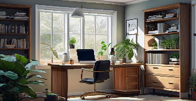 A modern home office with a desk, laptop, coffee cup, and books, bathed in soft natural light.