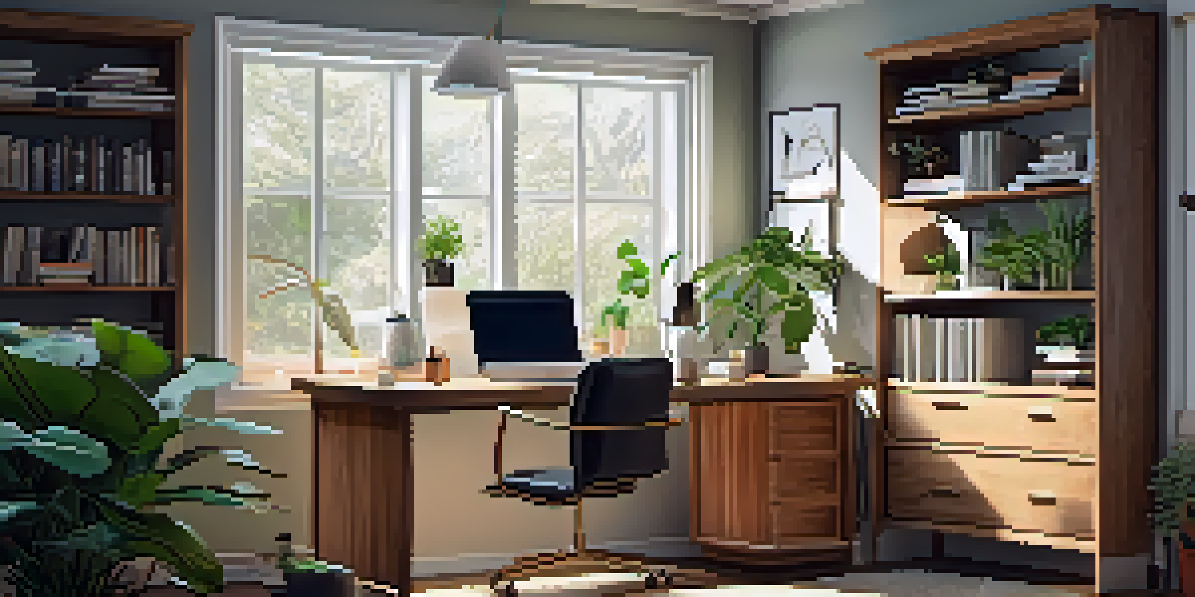A modern home office with a desk, laptop, coffee cup, and books, bathed in soft natural light.