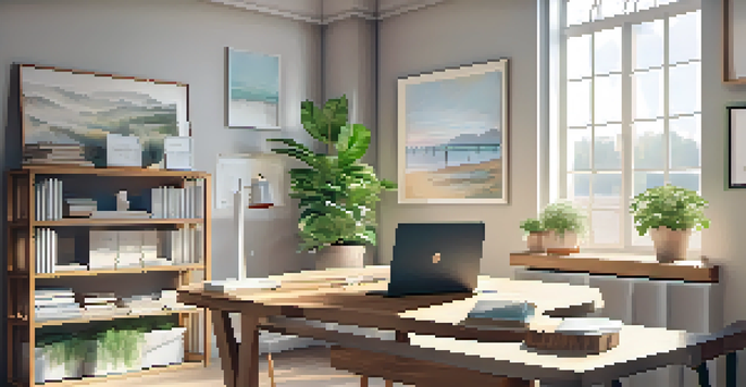 A bright and organized office space with a window, desk, laptop, plant, and motivational quotes.