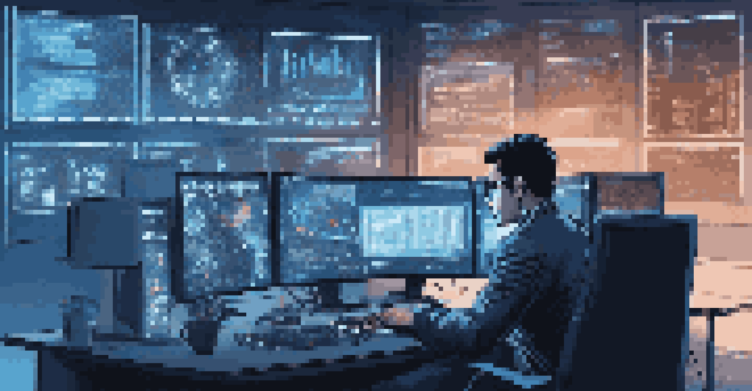 An IT expert at a desk with multiple screens showing coding and cybersecurity graphics in a dim blue-lit room.