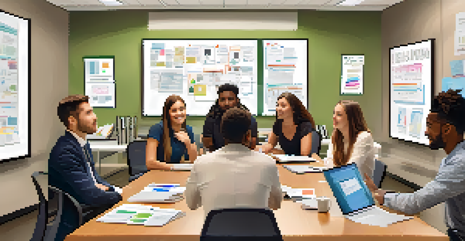 A diverse group of interns collaborating in a bright meeting room, discussing ideas around a large table filled with laptops and documents.
