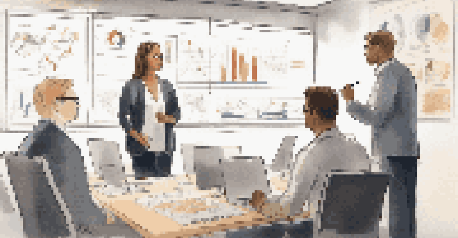 An employee presenting ideas at a whiteboard to engaged colleagues in a modern office setting.
