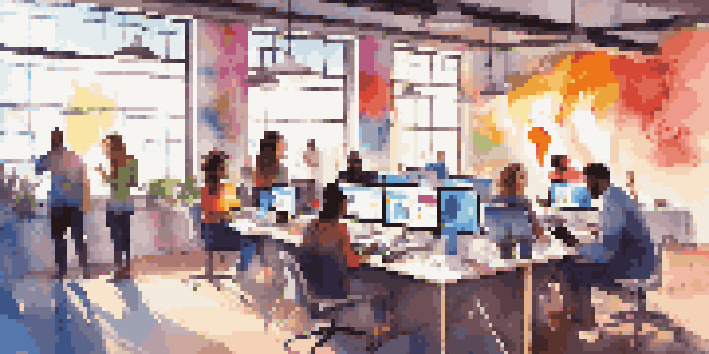 A diverse group of young professionals working together in a modern office space focused on social media marketing, with colorful logos and bright sunlight.
