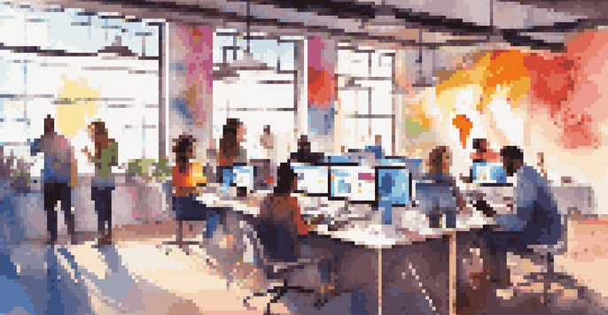 A diverse group of young professionals working together in a modern office space focused on social media marketing, with colorful logos and bright sunlight.