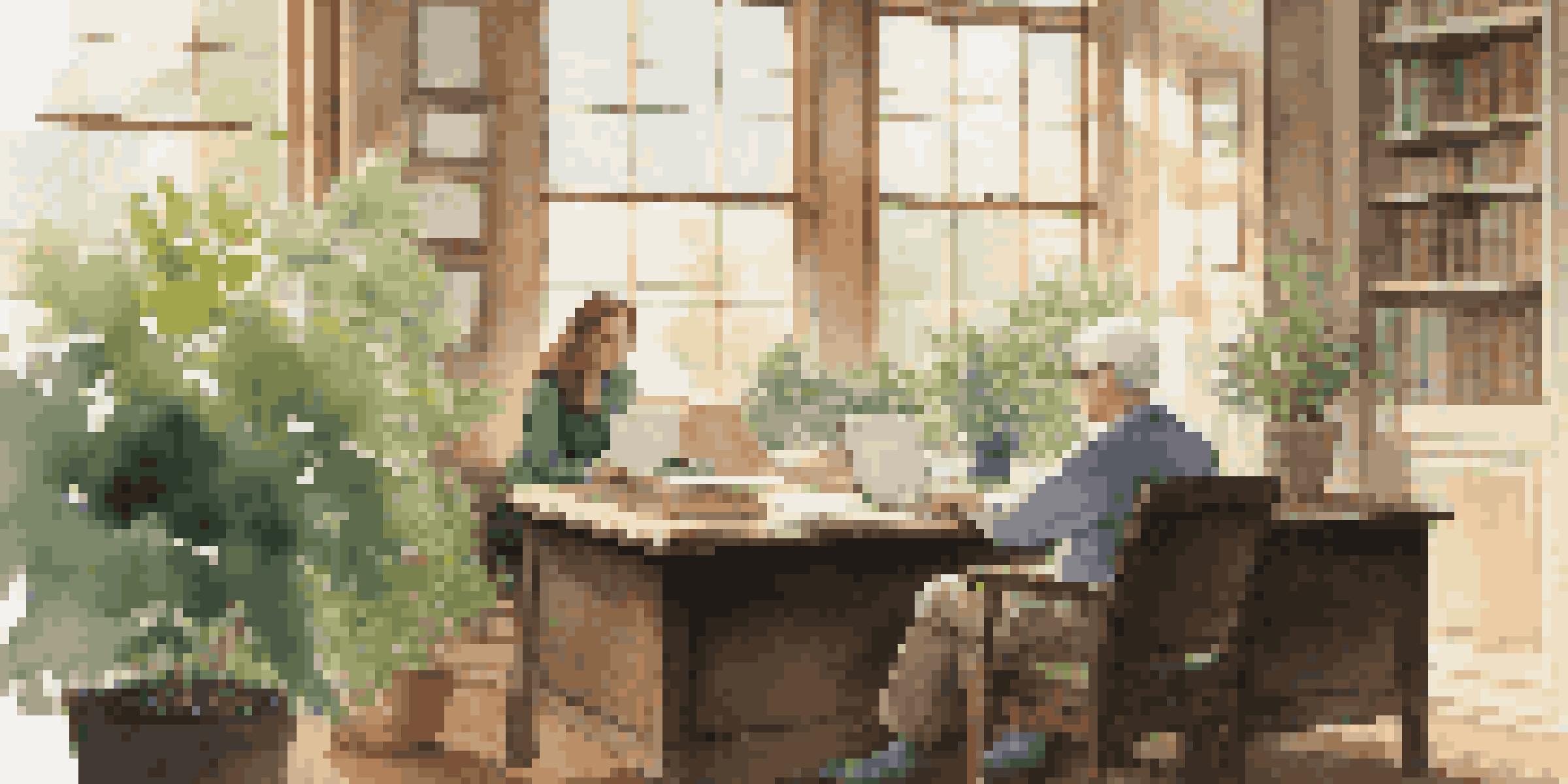 A mentor and mentee in an office, discussing over a laptop, with natural light and plants in the background.