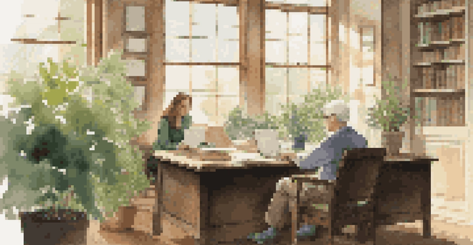 A mentor and mentee in an office, discussing over a laptop, with natural light and plants in the background.